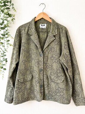 FLAX Embroidered Floral Jacket Women's Large Green Lagenlook Art To Wear